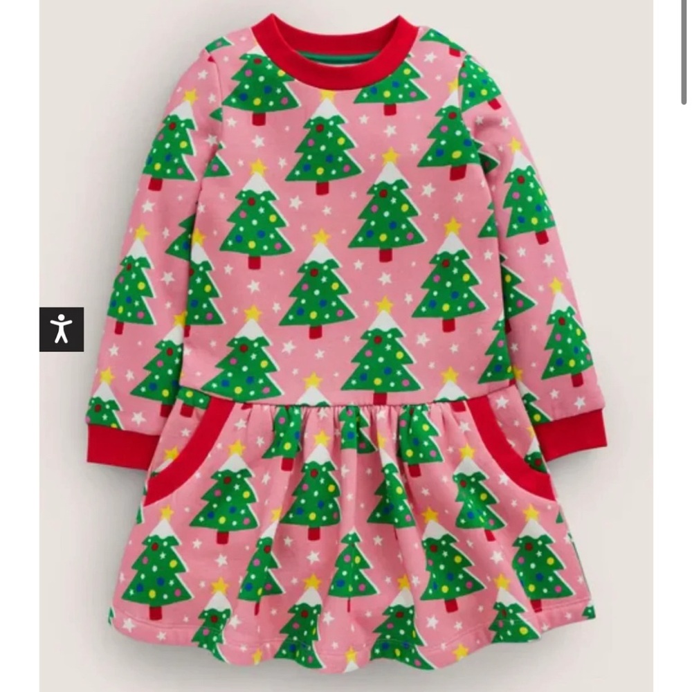 Mini Boden Sweatshirt Dress- size 4-5 Pink Christmas Trees.
